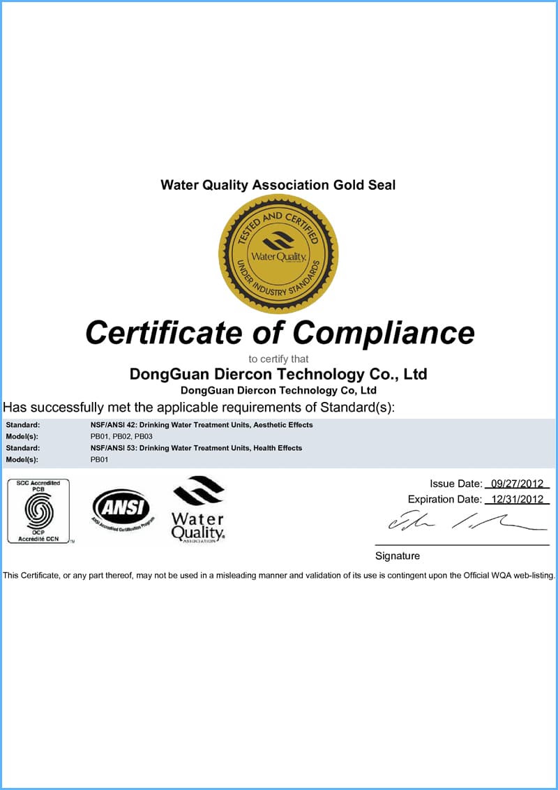 Diercon WQA Gold Seal